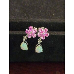 Silver-Toned Pink Flower & Opal Drop Earrings